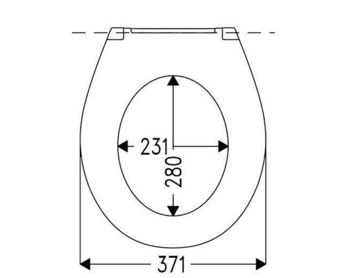 Technische Zeichnung eines Toilettendeckels mit Maßangaben