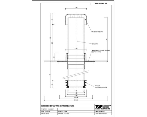 TopWet Saniernugsentlüftung mit integrierter Bitumen-Manschette NW 125 mm H= 200+332 mm