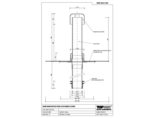 TopWet Saniernugsentlüftung mit integrierter Bitumen-Manschette NW 75 mm H= 200+332 mm