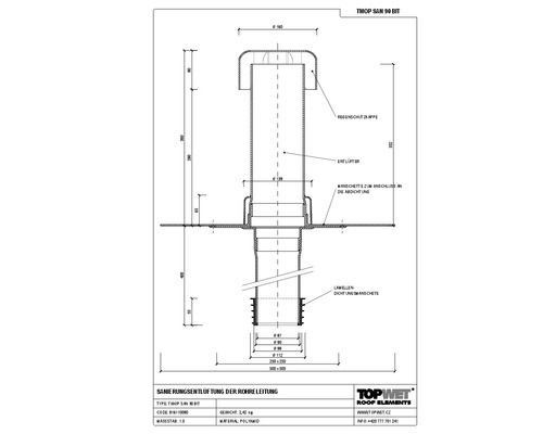 TopWet Saniernugsentlüftung mit integrierter Bitumen-Manschette NW 90 mm H= 200+332 mm