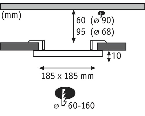 Technische Zeichnung mit den Maßen 185 x 185 mm, 60 mm und 95 mm