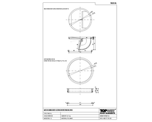 TopWet Geruchsverschluß mechanisch NW 125 mm 70 mm x 70 mm