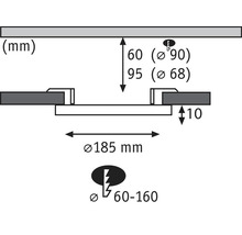 Maße einer Leuchte mit Angaben zu Durchmesser und Abständen in Millimeter.
