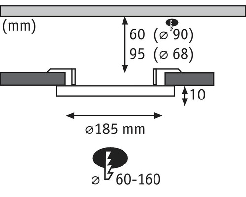 Maße einer Leuchte mit Angaben zu Durchmesser und Abständen in Millimeter.