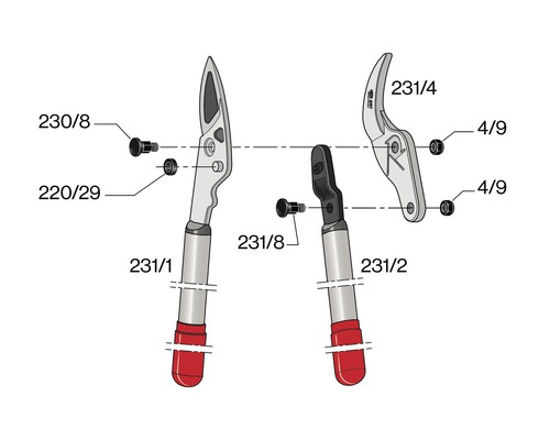 Ersatzteile für eine Gartenschere, inklusive Klingen, Schrauben und Muttern