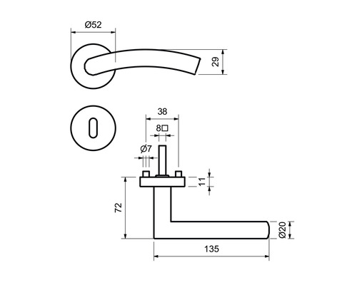Technische Zeichnung eines Türdrückers mit Maßangaben