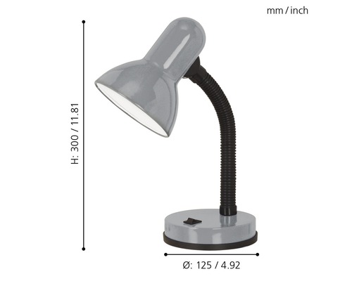 Graue Schreibtischlampe mit flexiblem Hals und den Maßen Höhe 300 Millimeter und Durchmesser 125 Millimeter