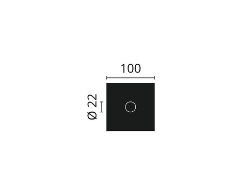 Technische Zeichnung einer quadratischen Rosette mit den Maßen 100 x 100 mm und einem Lochdurchmesser von 22 mm.