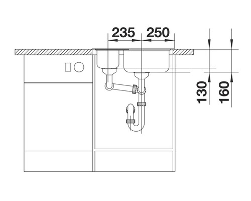 Skizze einer Spüle mit Doppelbecken und Maßangaben für Küchenplanung