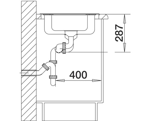 Zeichnung einer Spüle mit Maßangaben für die Installation