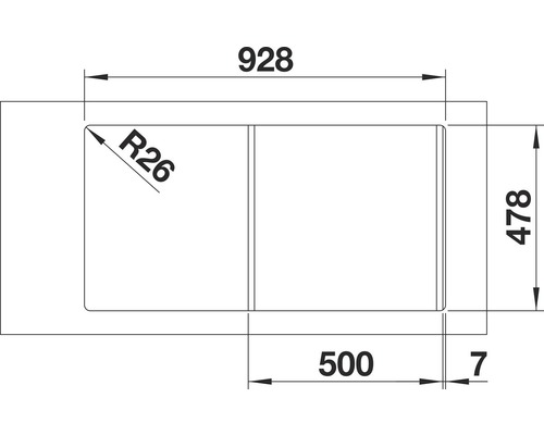 Technische Zeichnung einer Spüle mit Maßangaben