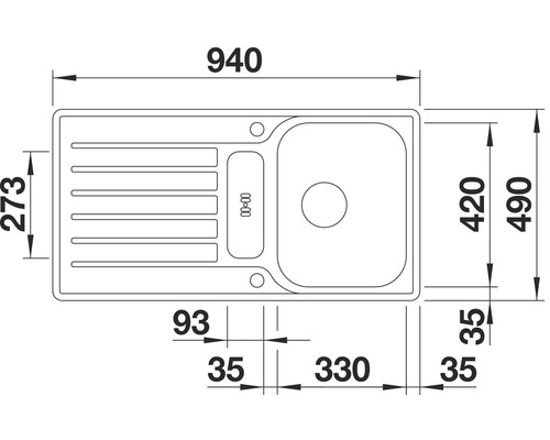 Zeichnung einer Küchenspüle mit Maßangaben