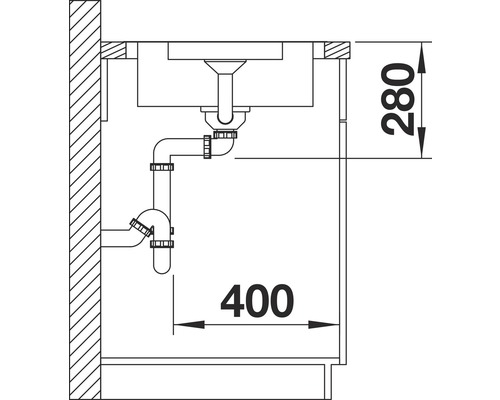 Skizze einer Spüle mit Abmessungen für die Installation