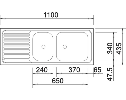Technische Zeichnung einer Spüle mit Abmessungen
