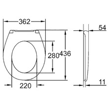 Technische Zeichnung eines WC-Sitzes mit Bemaßung