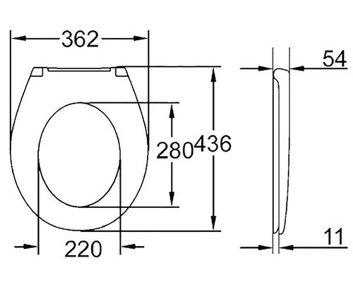Technische Zeichnung eines WC-Sitzes mit Bemaßung