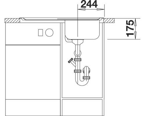 Technische Zeichnung eines Spülbeckens mit Unterschrank und Maßangaben