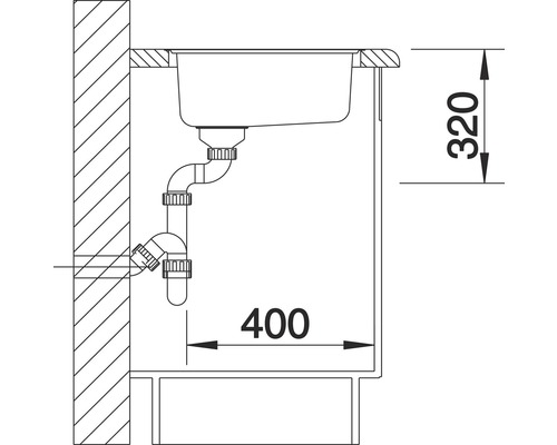 Schema einer Spüle mit Abflussrohren und Größenangaben