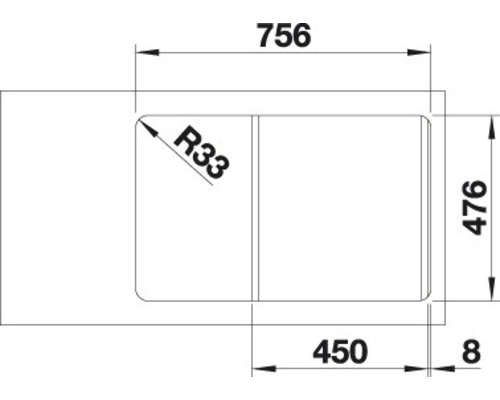 Technische Zeichnung einer Spüle mit Maßangaben