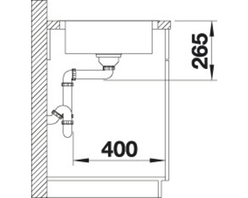 Technische Zeichnung einer Spüle mit Abfluss und Maßangaben