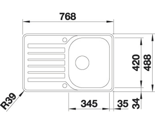 Zeichnung einer Spüle mit Maßen.