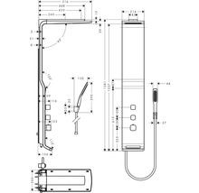 Technische Zeichnung einer Duschsäule mit Maßangaben