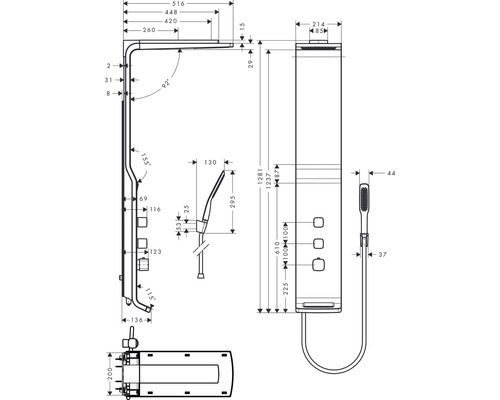 Technische Zeichnung einer Duschsäule mit Maßangaben