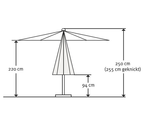 Technische Zeichnung eines Sonnenschirms mit Maßangaben