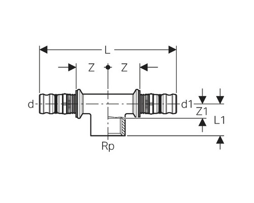 Technische Zeichnung eines T-Stücks mit Maßangaben