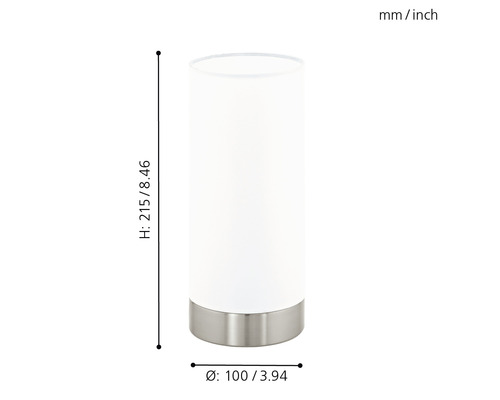 Abmessungen einer zylinderförmigen Tischleuchte mit Metallsockel: Höhe 215 Millimeter, Durchmesser 100 Millimeter.