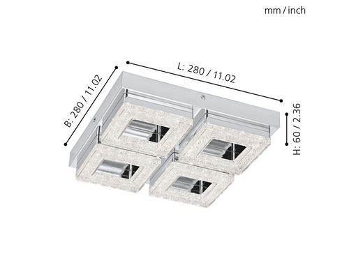 Quadratische Deckenleuchte mit vier Strahlern und Maßangaben