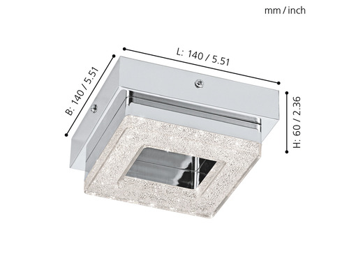 Quadratische Deckenleuchte mit Kristalloptik und den Maßen 140 x 140 x 60 Millimeter