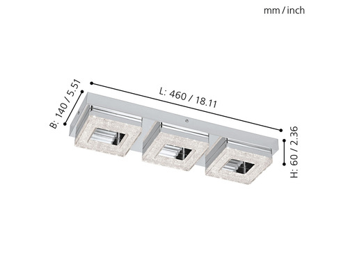Dreiarmige Chrom Wandleuchte mit Maßangaben