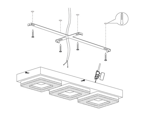 Installationsanleitung für eine Deckenleuchte mit drei quadratischen Leuchten