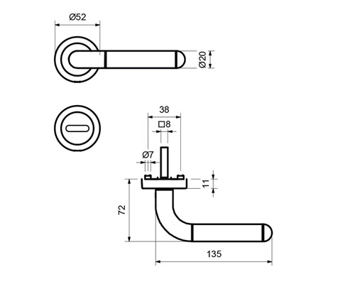 Technische Zeichnung eines Türdrückers mit Maßangaben