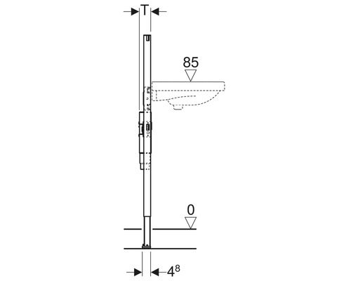 Technische Zeichnung eines WC-Vorwandelements mit Maßangaben