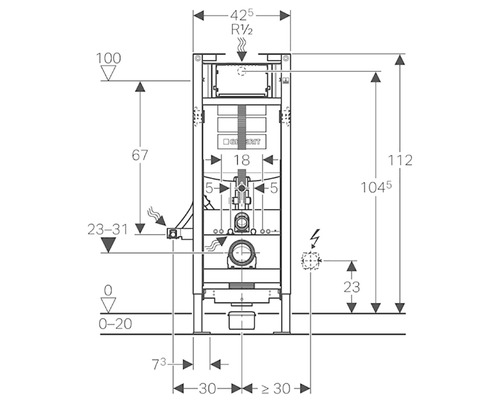 Technische Zeichnung Geberit Installationssystem mit Maßangaben