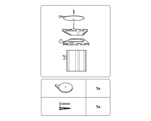 Montageanleitung für ein Produkt, das eine Abdeckung, eine Halterung und Schrauben enthält.