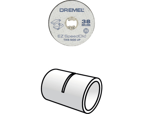 Dremel Trennscheibe mit 38 mm Durchmesser und Abbildung eines durchgeschnittenen Rohres