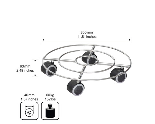 Pflanzenroller aus Metall mit Rollen und Maßangaben