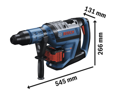 Bosch Bohrhammer mit den Massen 545 mm Länge, 131 mm Breite und 266 mm Höhe.