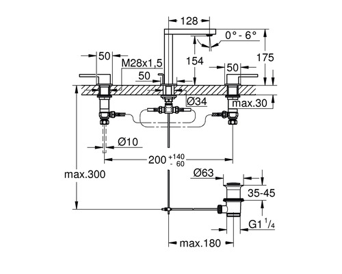 Technische Zeichnung eines Waschbecken Wasserhahns mit Maßangaben