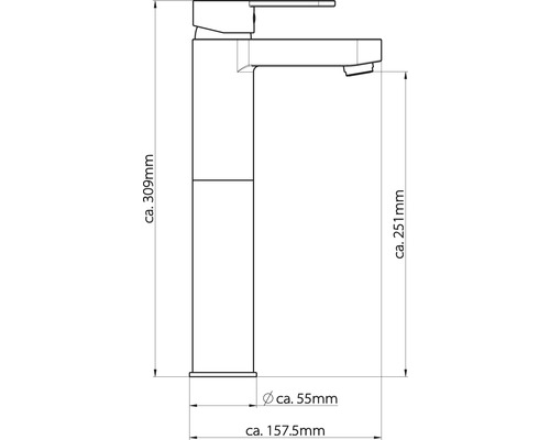 Technische Zeichnung einer Armatur mit Maßangaben