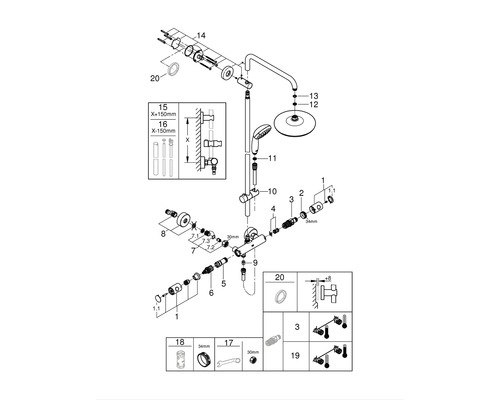 Explosionszeichnung einer Duscharmatur mit den dazugehörigen Einzelteilen.
