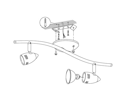 Illustration einer Deckenleuchte mit drei Strahlern und Montageanleitung