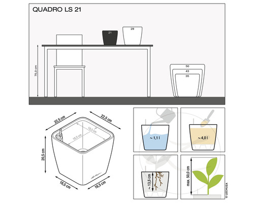Maße und Füllmengen des Lechuza Quadro LS 21 Pflanzgefäßes.