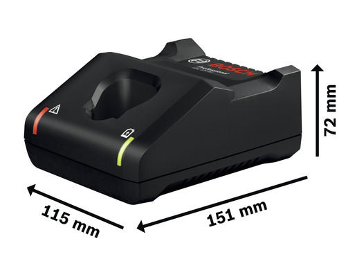 Bosch Logo. Ladegerät mit den Maßen 115 mm x 151 mm x 72 mm.