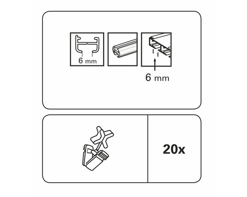 Schienenprofil mit 6 Millimeter Breite und 20 Befestigungsclips