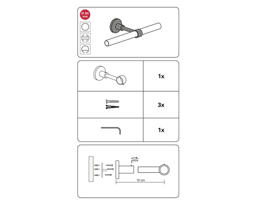 Illustration der Montage einer Duschvorhangstange mit Zubehör