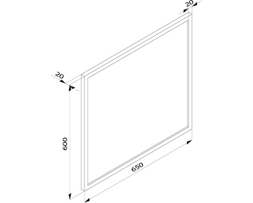 Technische Zeichnung eines Rahmens mit den Maßen 600 x 650 x 20 mm